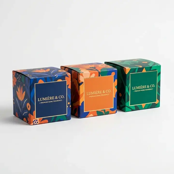Custom candle packaging boxes with elegant branding and vibrant designs