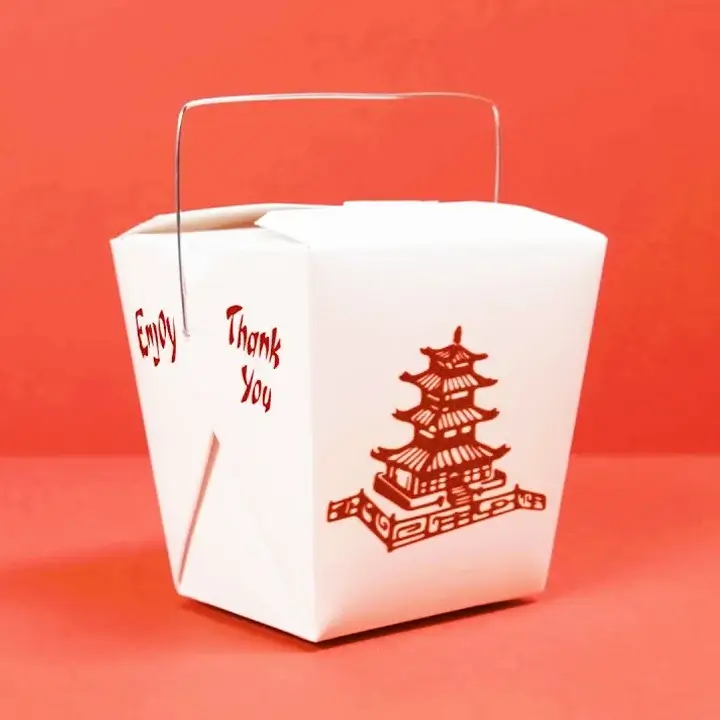 Traditional leak-proof Chinese food takeout boxes with wire handles