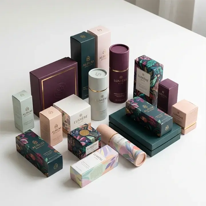 Custom cosmetic packaging boxes with vibrant designs and premium branding for beauty products