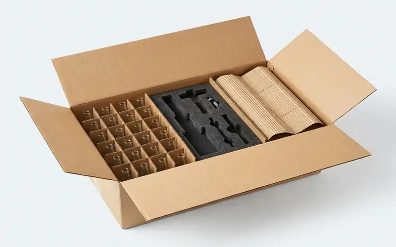 Custom box organization solutions featuring cardboard cell dividers, foam inserts, and scored pad inserts for product safety