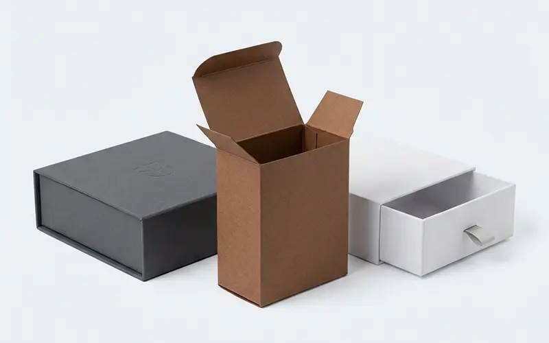 A collection of premium custom box styles including magnetic rigid and tuck-end structures