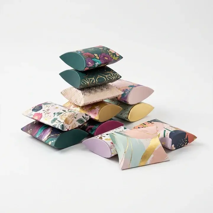 Custom pillow boxes with colorful designs and premium finish for gift packaging