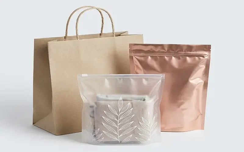 A variety of custom branded packaging including paper shopping bags, resealable Mylar pouches, and poly bags