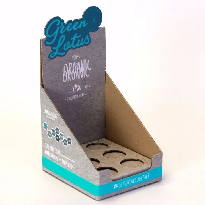Cardboard e-liquid display trays for retail counter product organization and branding