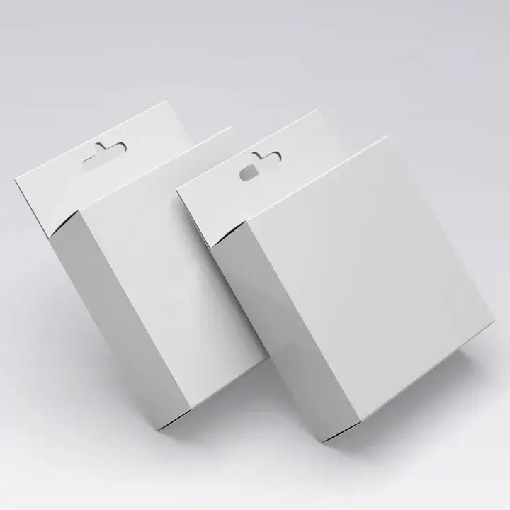 Retail hang tab packaging box for pegboard displays