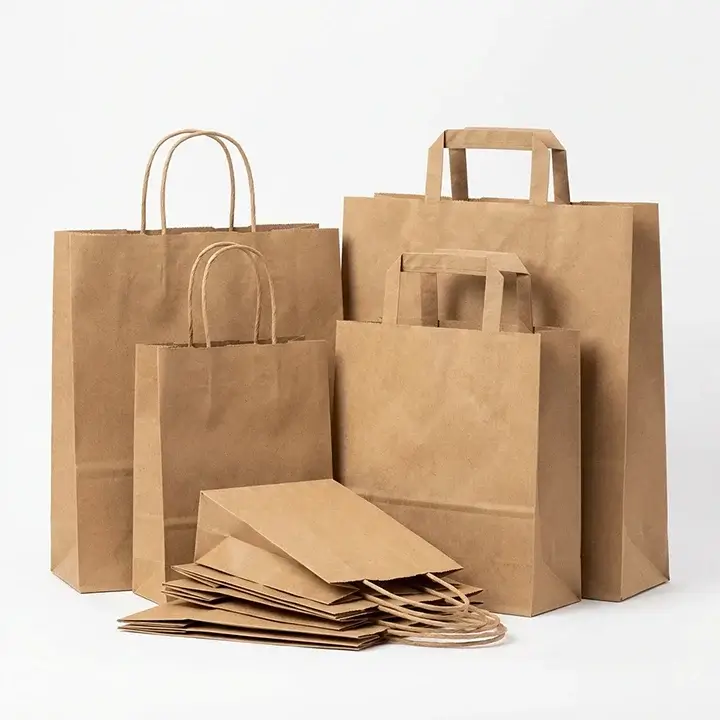 Eco-friendly kraft shopping bags with custom printed logos and sturdy handles