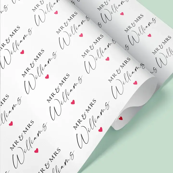 Customized wedding wrapping paper featuring the happy couple's names and their special date