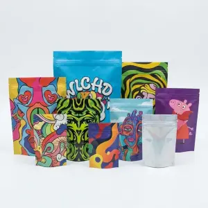 Custom printed mylar bags with vibrant designs and resealable closure for product packaging