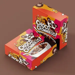 Standard cardboard cereal boxes with vibrant custom printing for breakfast brands